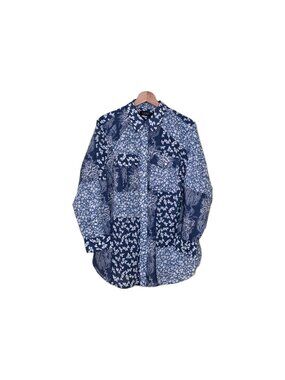 Ralph Lauren Top Shirt Women 1X Patchwork Floral Blue White Preppy Old Money NWT